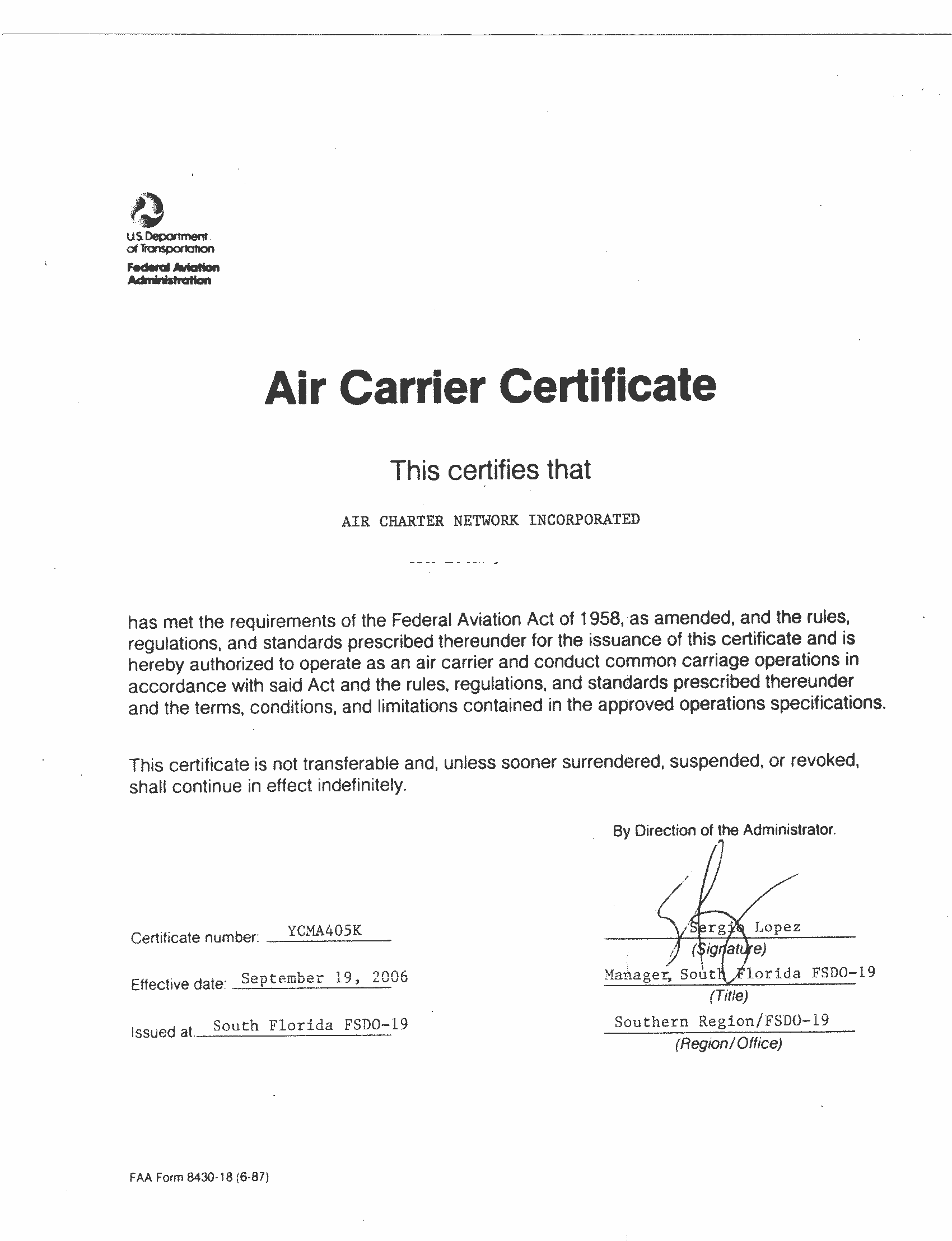 Click to view - Air Carrier Certificate