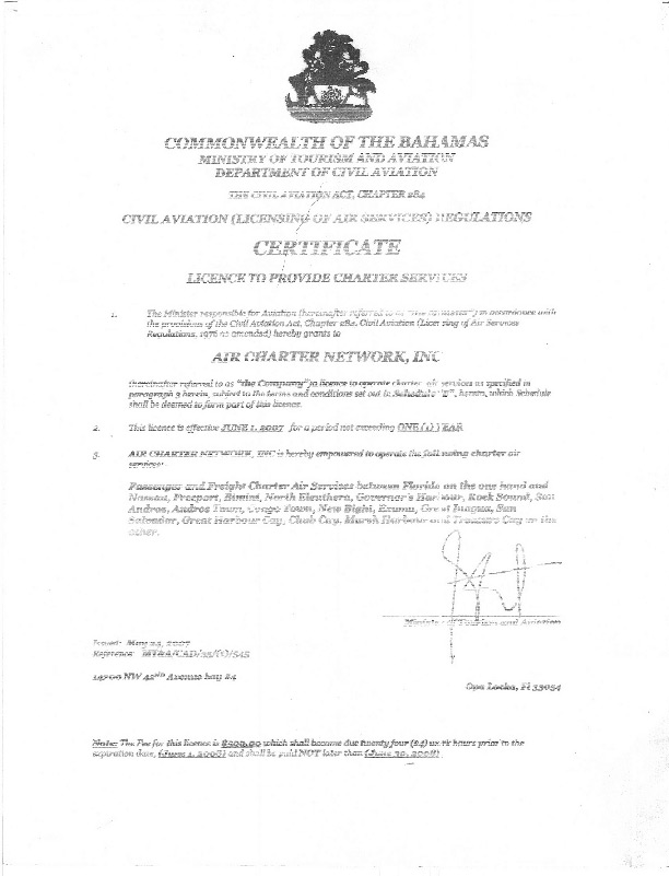 Bahamain Air Charter Certificate